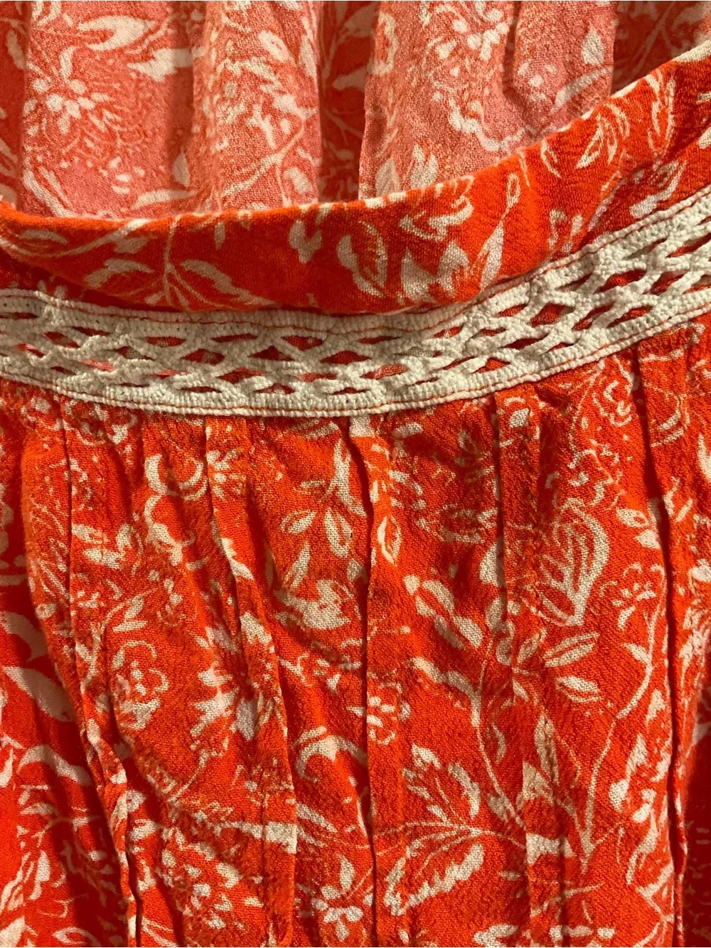Free People Boho Orange Cream Floral Peasant Top with Lace Trim Size L
